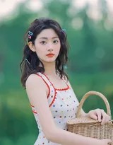 赵晴身着黑白波点吊带裙，立于葱郁林间，阳光穿过叶隙在她裙摆与肩头跳跃，她微微侧首，眼神温柔而疏离，仿佛在聆听风与树叶的秘语。