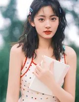 赵晴背影袅袅，走在开满野花的小径尽头，波点裙的背影在逆光中化为剪影，唯有点点波光与周遭的绿意盎然形成温柔对话，充满故事性的留白。