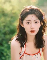 午后阳光穿过枝叶，在她身上投下斑驳光晕，她抬手遮挡额前，指缝间漏过光芒，波点裙在强光下显得愈发轻盈通透，洋溢着盛夏末尾最后的璀璨。