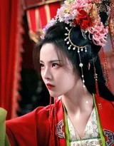 祥云仙子倚坐窗前，窗外似有风雨，她眼眶泛红凝视虚空，一滴清泪将落未落，手中轻握的丝帕与繁复衣褶道尽无言哀伤。