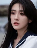 海风吹起梁洁的长发，她俏皮地伸手轻抚发丝，白色水手服衣角飞扬，背景是泛着白色浪花的深蓝色海洋