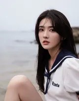 梁洁身着经典白色水手服，蓝边领巾随风轻扬，她面向湛蓝大海展露清新笑颜，身后是波光粼粼的无尽海面