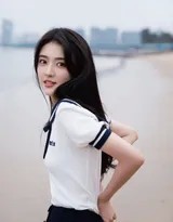 梁洁背对镜头走向大海，白色水手服背影清新，黑色短裤下双腿笔直，面前是辽阔平静如镜面般的海天一色