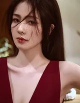 白鹿身着深V红裙侧坐窗边，修长脖颈线条如天鹅般优雅，指尖轻触玻璃杯沿，窗外柔光为她的轮廓镀上金边