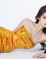 近距离特写胶带裙的材质与细节，光影在特殊面料上流转，凸显出未来感与精致工艺