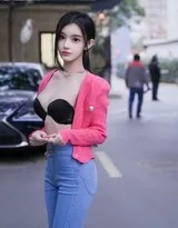 龙雪儿仰头享受微风，红衣领口随风展开，牛仔裤大腿处磨白处理增添层次，高跟鞋尖点地姿态优雅