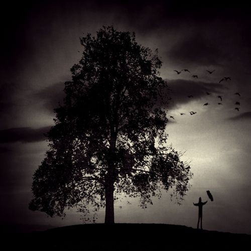 昏黄路灯下，一个被拉长的孤独身影，独自徘徊在空旷无人的街头，仿佛整个世界都陷入了沉默。