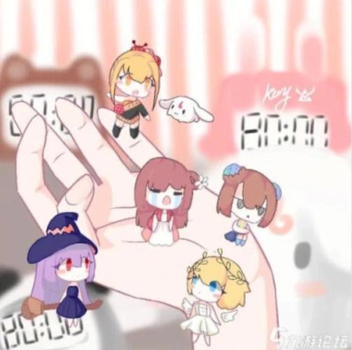 春日野餐小景，草莓图案的餐布上摆着茶杯与绘本，背景是盛开的卡通花丛与蝴蝶