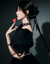 镜头特写下，鞠婧祎的妆容精致无比，烟熏眼影与一抹红唇勾勒出冷艳气质，微卷的发丝轻拂脸颊，尽显神秘莫测的暗黑美学